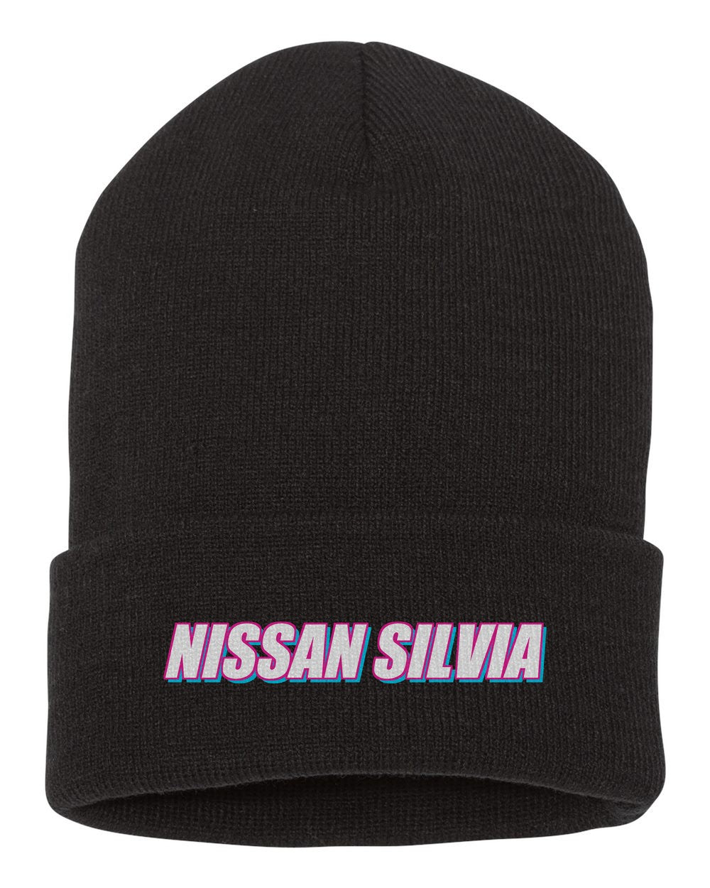 Nissan Silvia black beanie front view with car name
