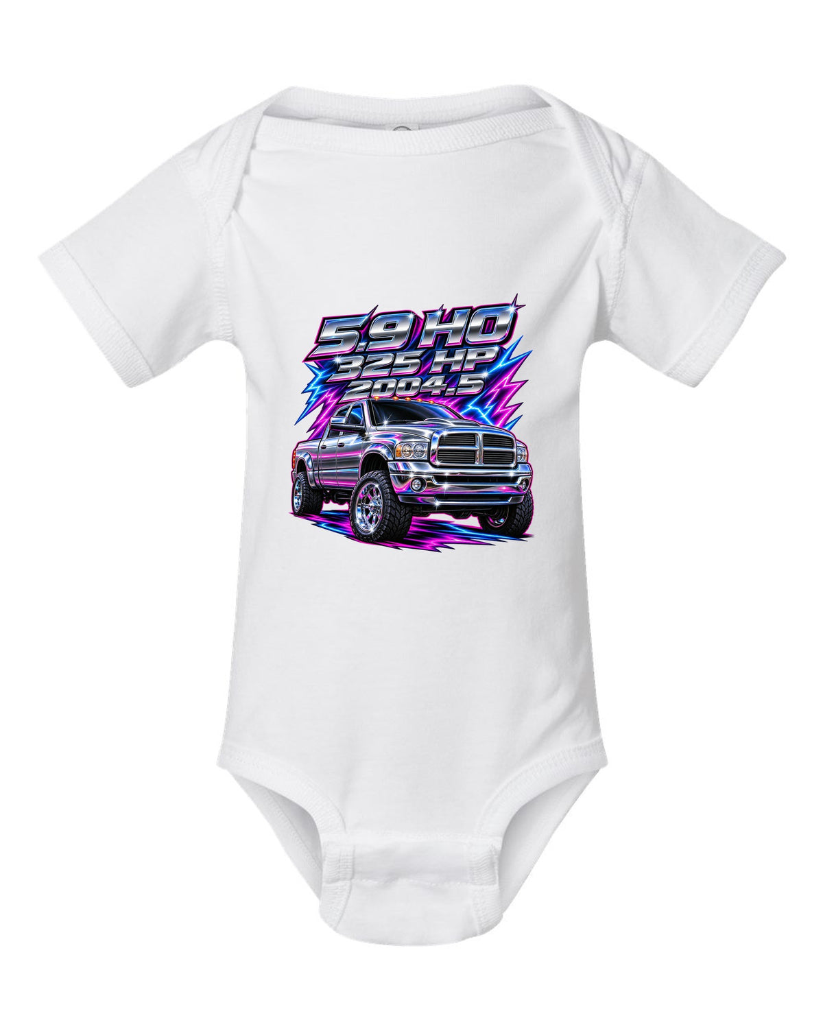 80s chrome airbrush print of a 2003-2009 Dodge Ram 2500 Cummins with 5.9 HO 325 HP 2004.5 text white baby onesie front view with the design