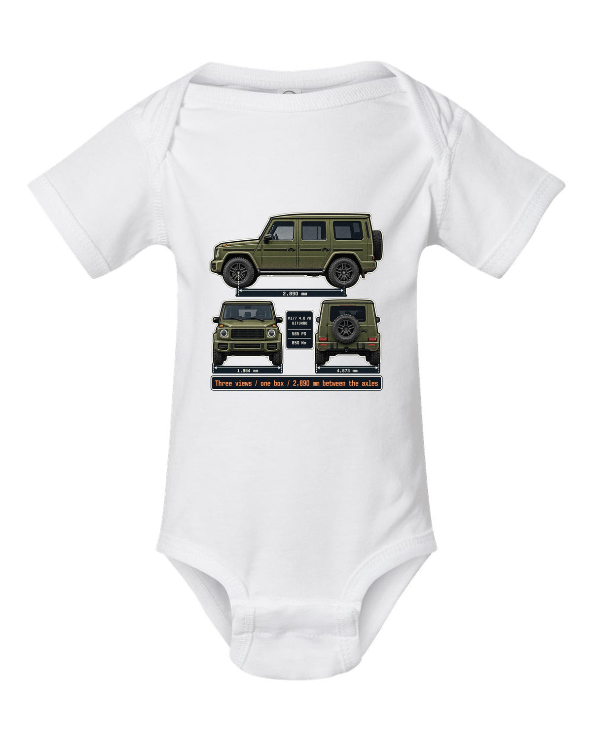 Three-view dossier print of a Mercedes-AMG G63 W463A white baby onesie front view with the design