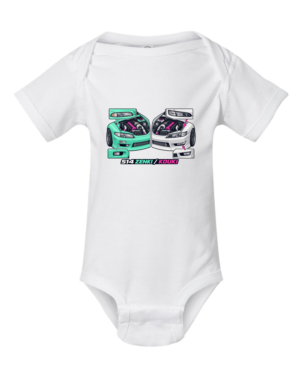 Isometric cutaway print of a 1993 Nissan Silvia S14 with Zenki and Kouki lettering white baby onesie front view with the design