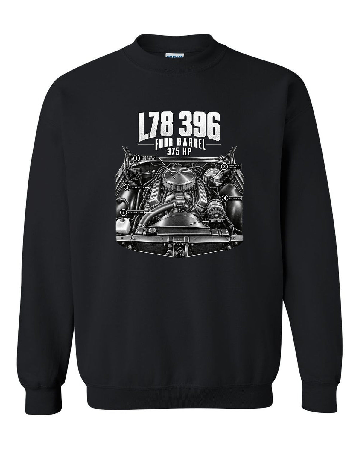 Engine hero print of an L78 396 big block in a 1969 Chevrolet Chevelle SS with 375 hp text black crewneck front view with the design