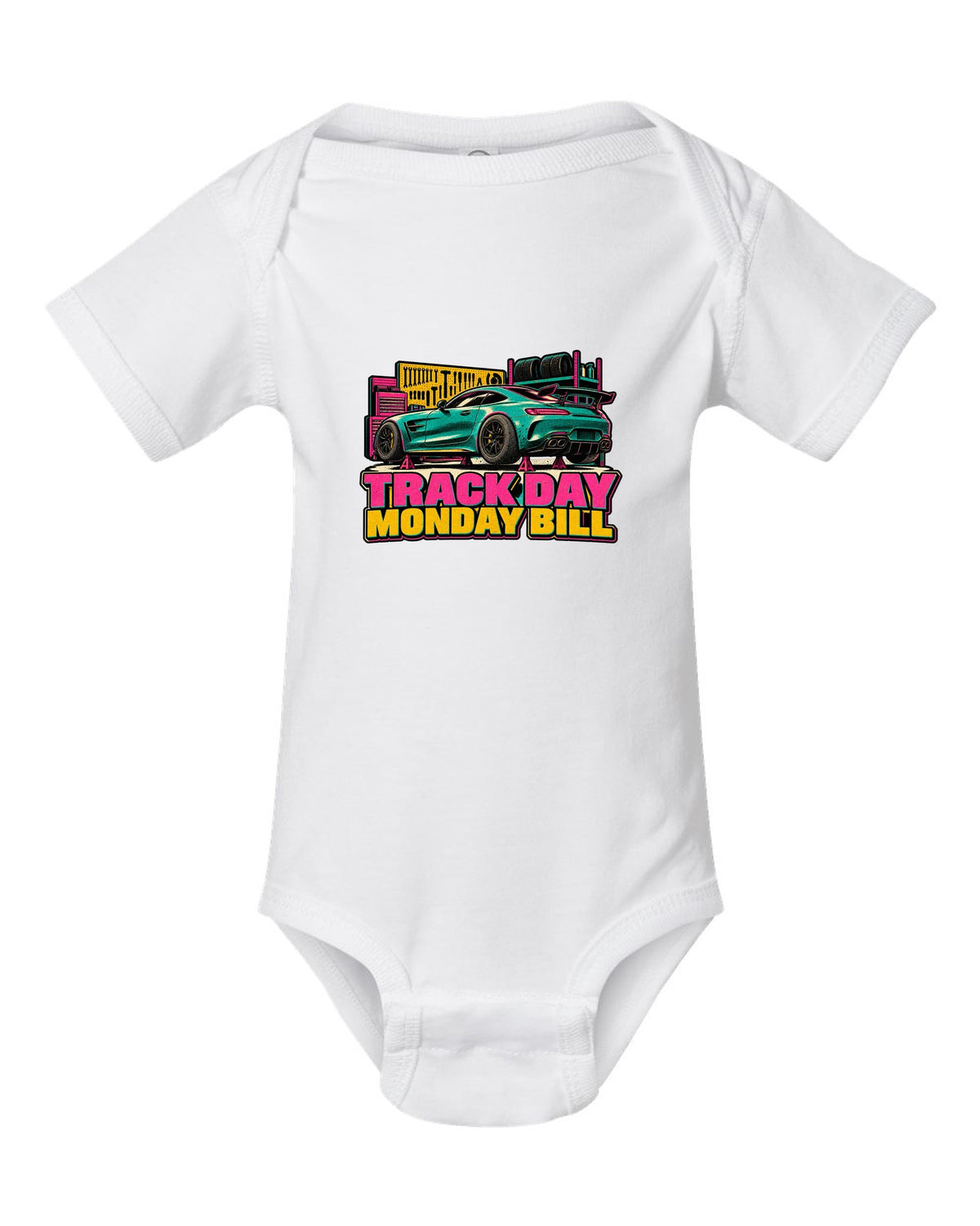 Stencil spray street art of a Mercedes AMG GT R C190 burnout with tyre smoke and Wing Is Not Decorative text white baby onesie front view with the design