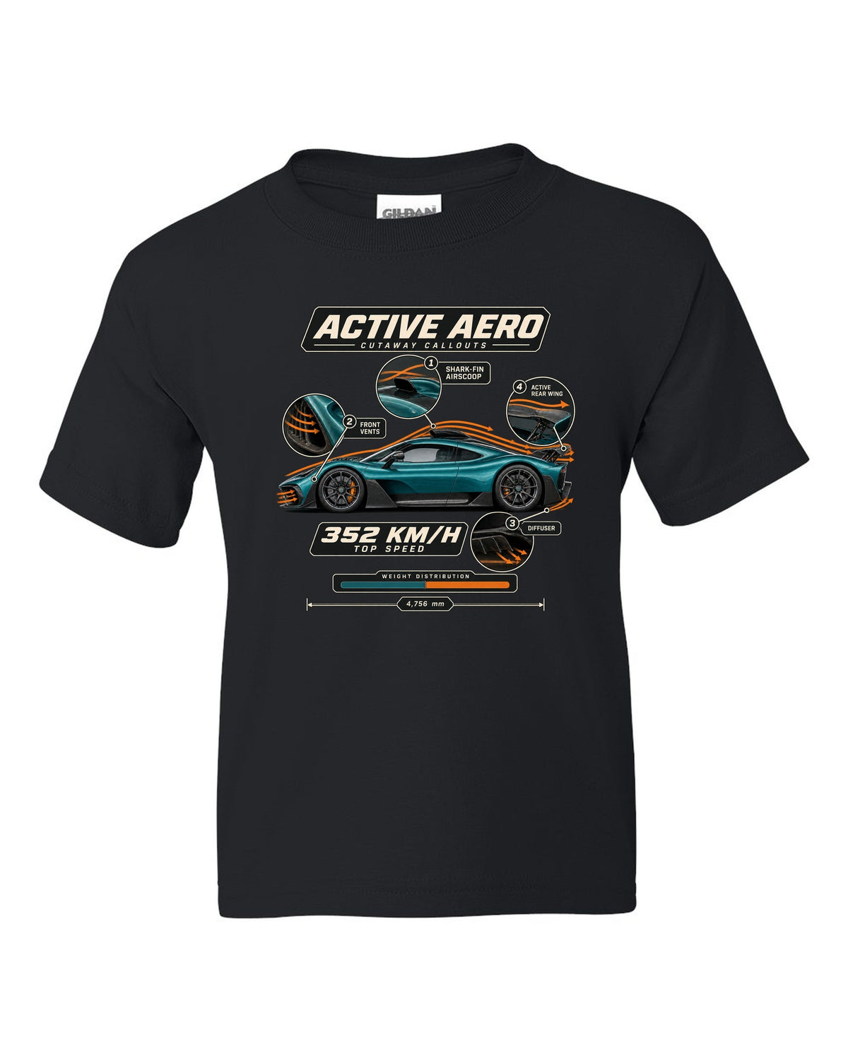 Mercedes-AMG One aero callout cutaway diagram with active aero labels black kids tee front view with the design