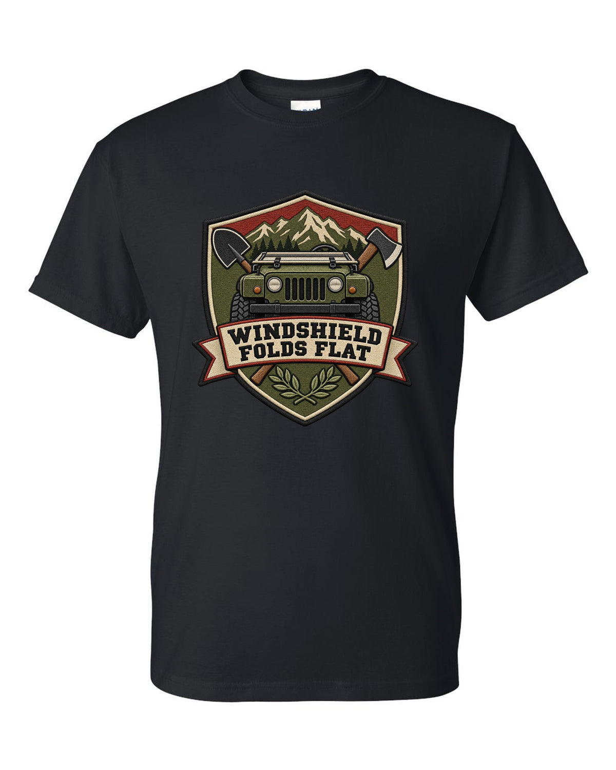 Jeep Wrangler JL embroidery shield crest design with windshield folds flat text black t-shirt front view with the design