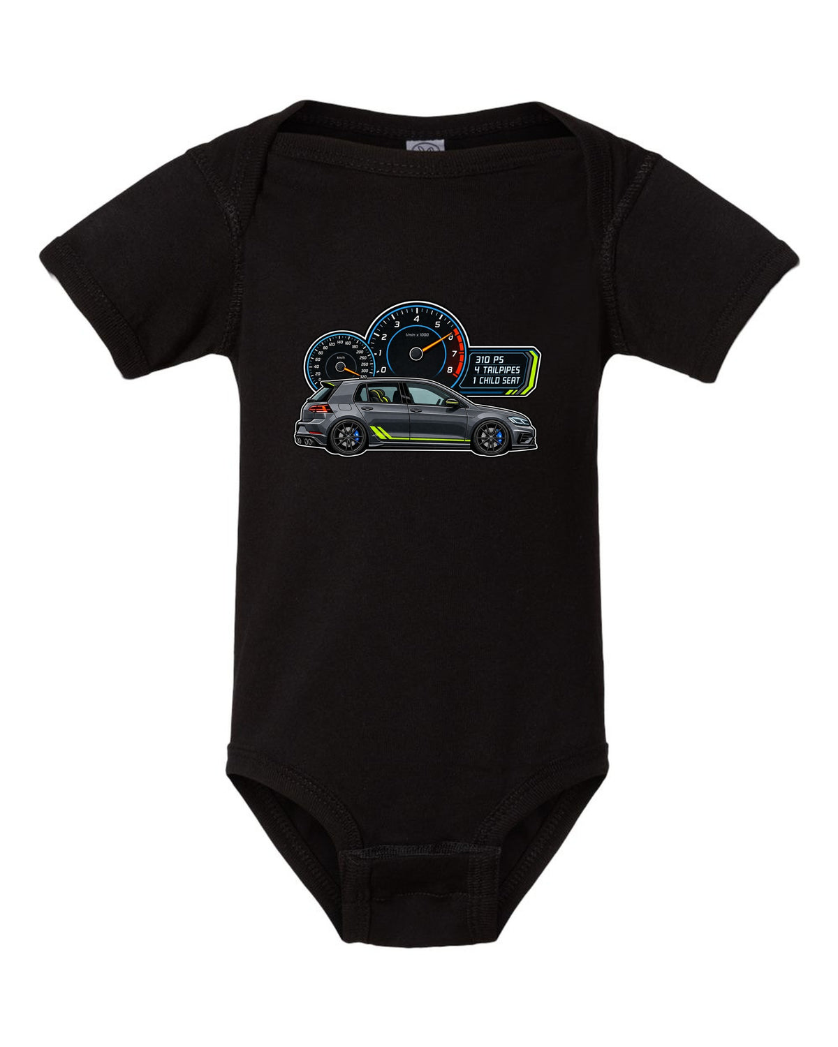 Gauge cluster style print for a VW Golf R Mk7.5 showing 310 PS 4 tailpipes 1 child seat black baby onesie front view with the design
