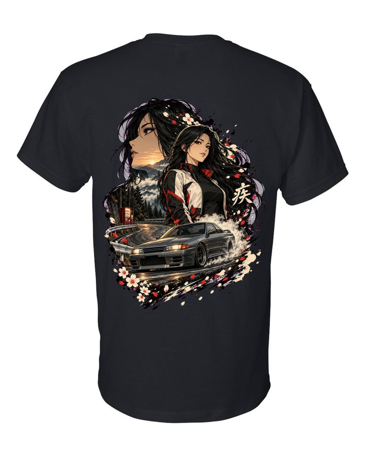 Nissan Skyline GT-R R32 Anime Girl T-Shirt Black back
