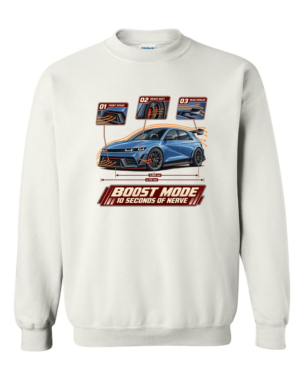 Hyundai Ioniq 5 N aero cutaway callouts print white crewneck front view with the design