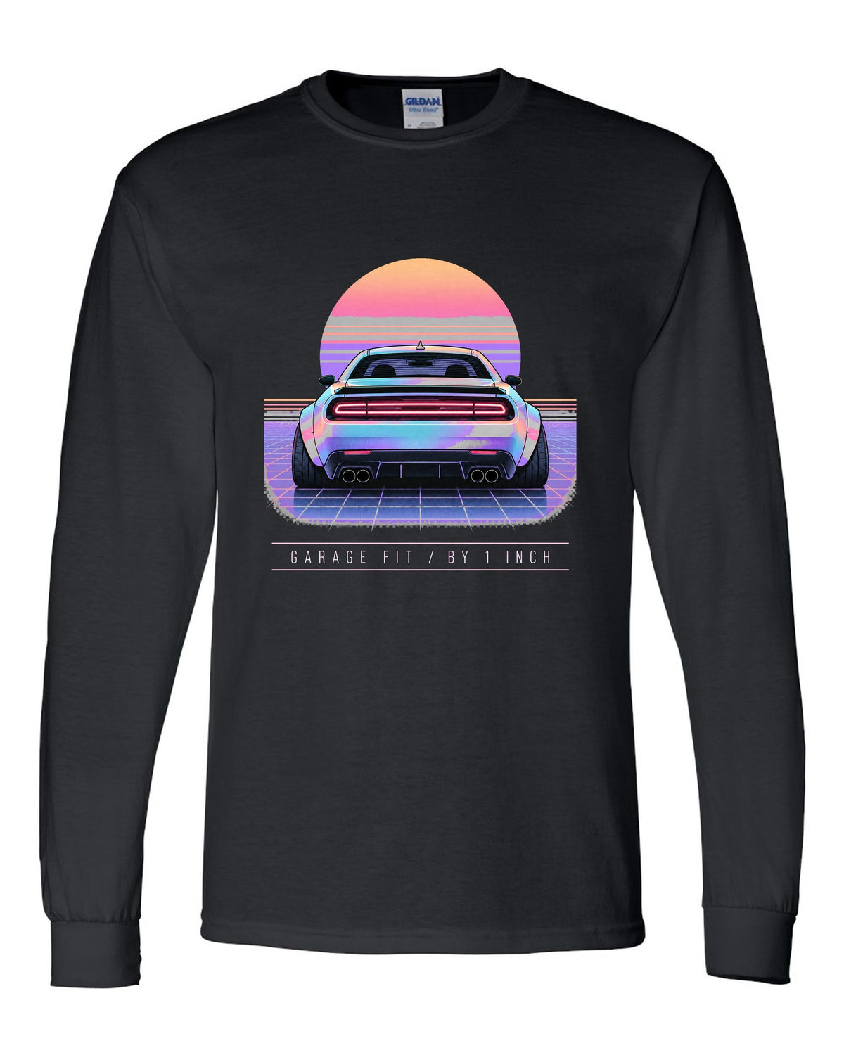 Vaporwave pastel print of a 2021 Dodge Challenger Scat Pack Widebody with garage fit text black long sleeve front view with the design