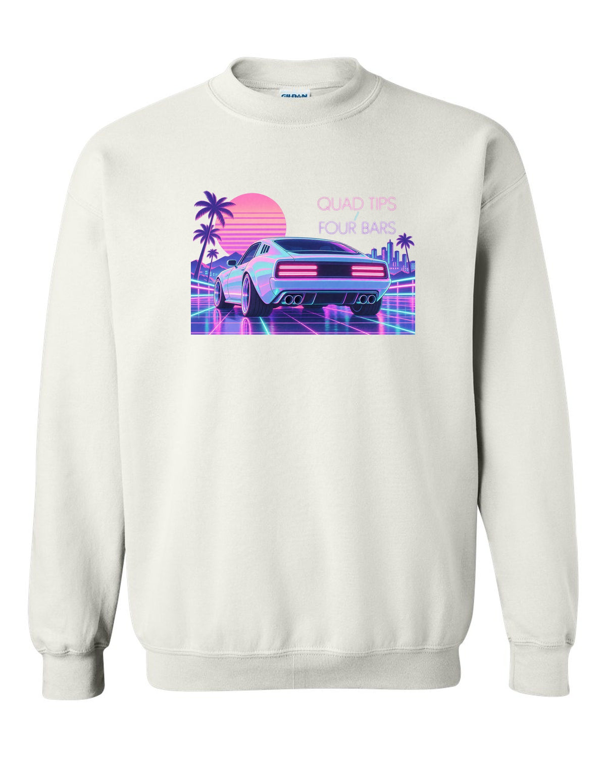 Kia Stinger GT CK vaporwave pastel rear view print with quad tips and four bars text white crewneck front view with the design