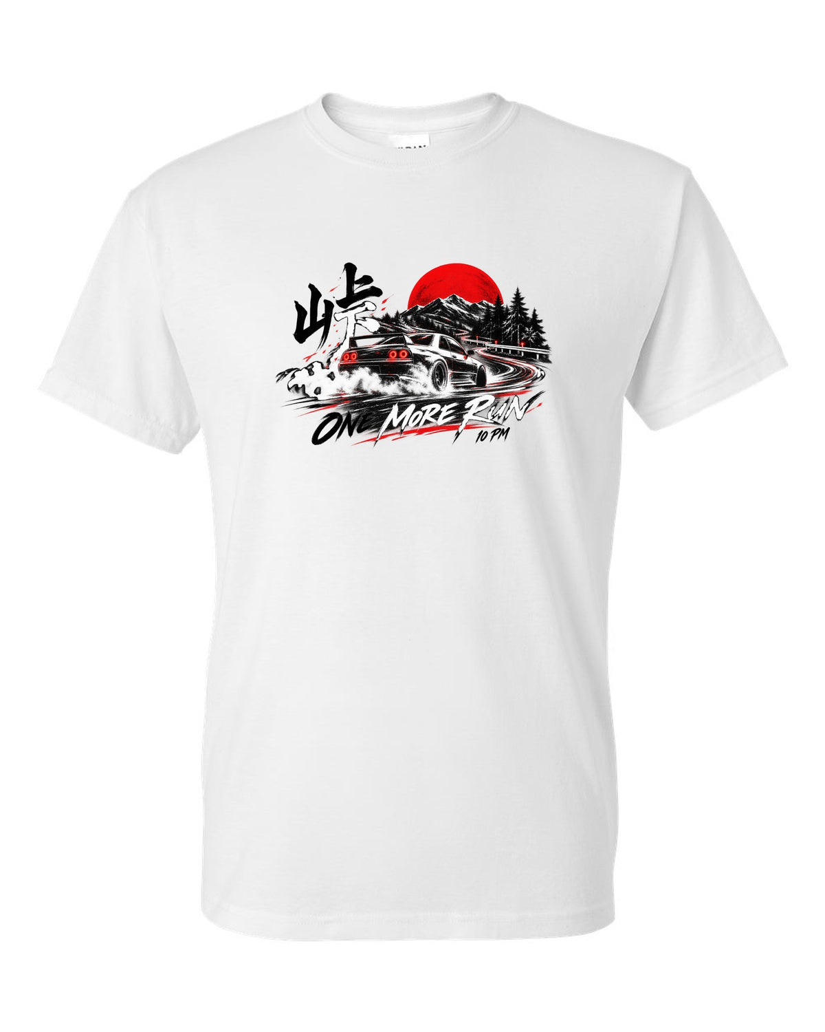 Night cornering print of a Mazda RX-7 FD3S with one more run lettering white t-shirt front view with the design