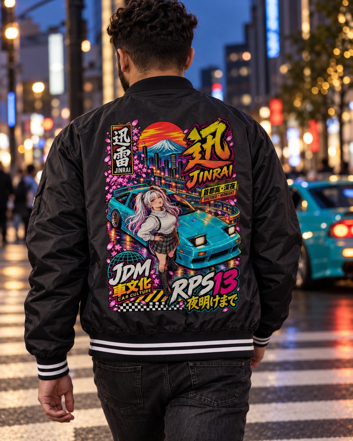 JINRAI RPS13 Anime Girl Full-Back Graphic Tee Bomber Jacket Black worn hero