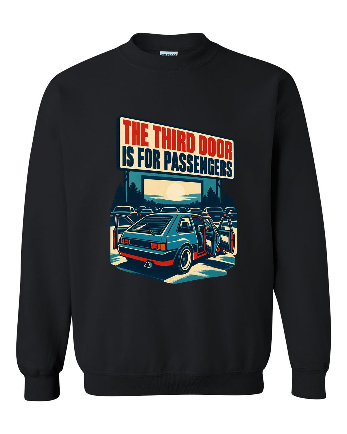 1960s litho race poster print of a Hyundai Veloster N JS with third door text black crewneck front view with the design