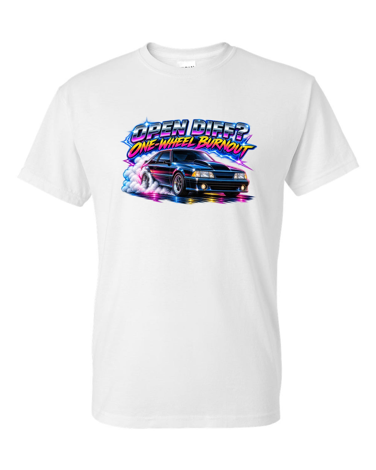 80s airbrush chrome print of a Ford Mustang Fox Body GT chback with a one-wheel burnout white t-shirt front view with the design