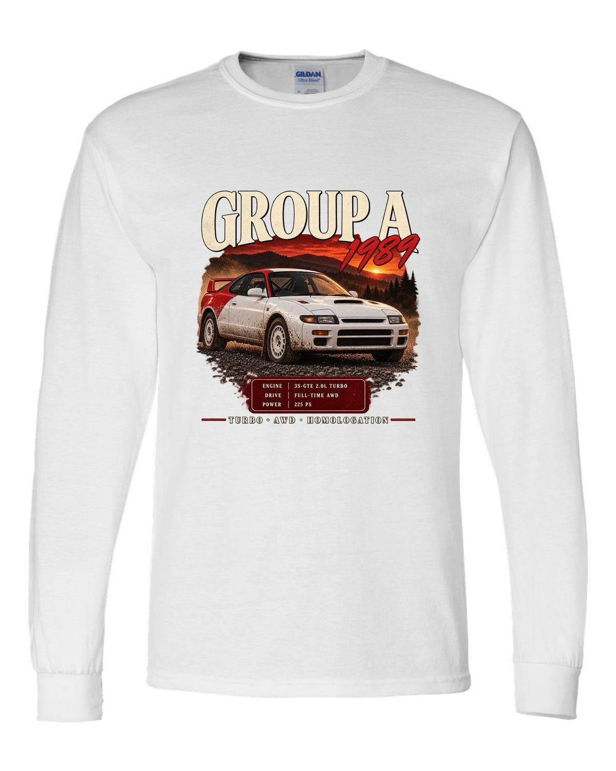 Archive panel print of a Toyota Celica GT-Four ST185 with Group A 1989 specs white long sleeve front view with the design