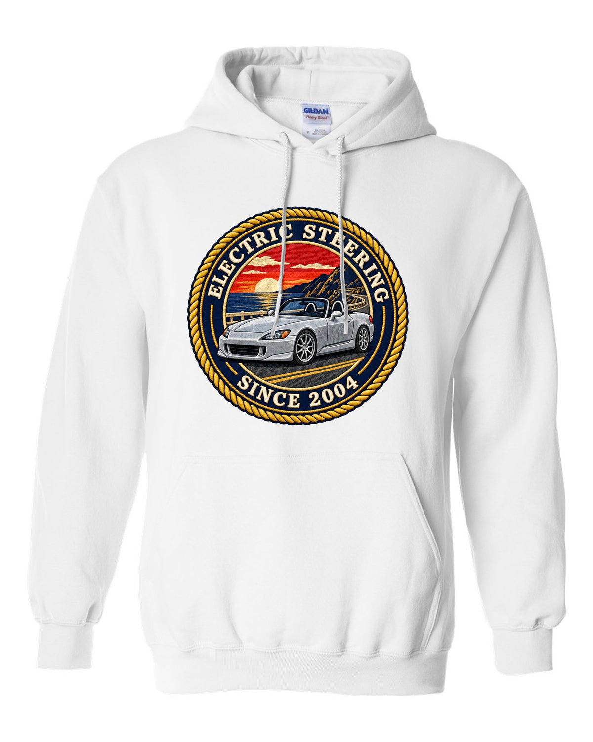Embroidery-style round crest print of a 2004 Honda S2000 AP2 roadster white pull over hoodie front view with the design