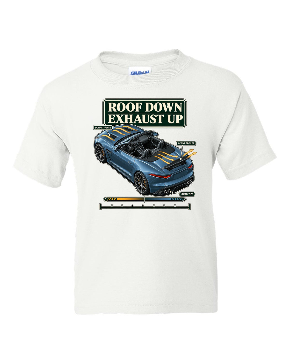 Aero cutaway callout print of the Jaguar F-Type R Convertible with roof down exhaust up text white kids tee front view with the design