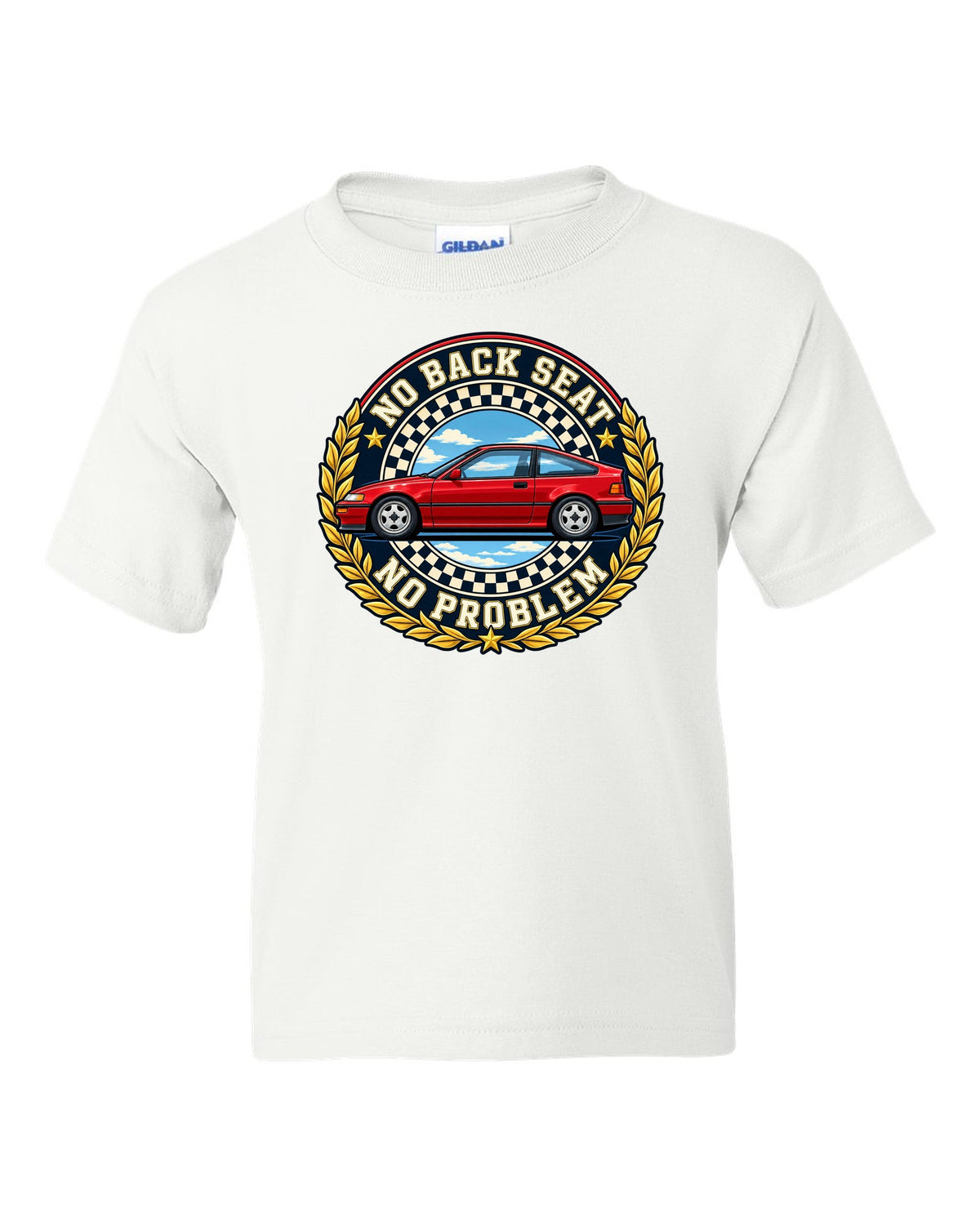 Crest layout print for the Honda CRX EF8 with no back seat text white kids tee front view with the design