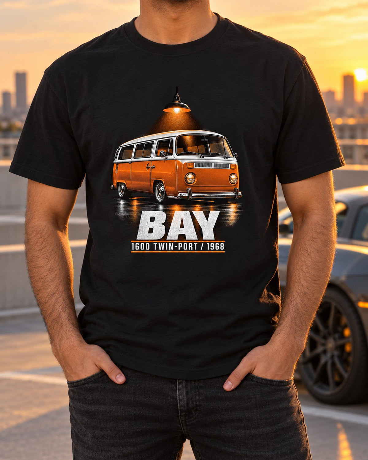 VW Bus T2 Bay Window Type 2 1968 Garage Night Tee, 1600 Twin-Port T-Shirt Black worn hero