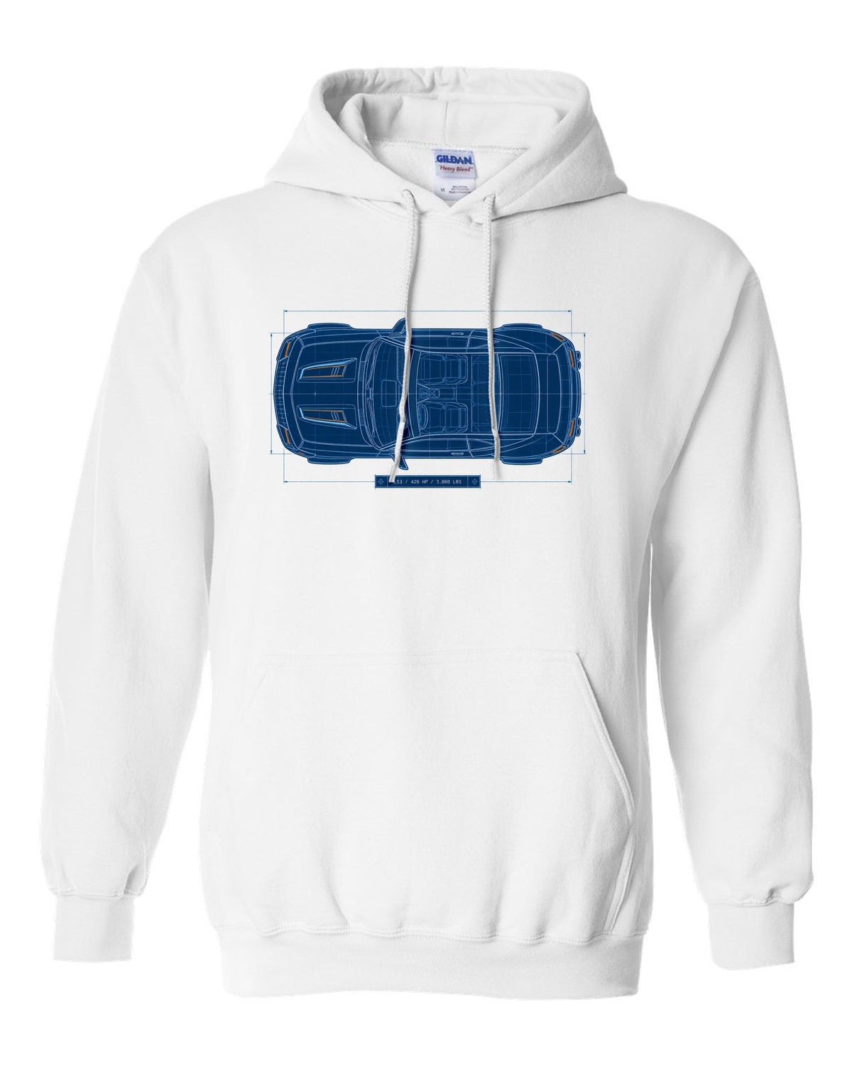 2010 Camaro SS fifth-generation top view blueprint line art with LS3 426 HP 3,860 lbs text white pull over hoodie front view with the design