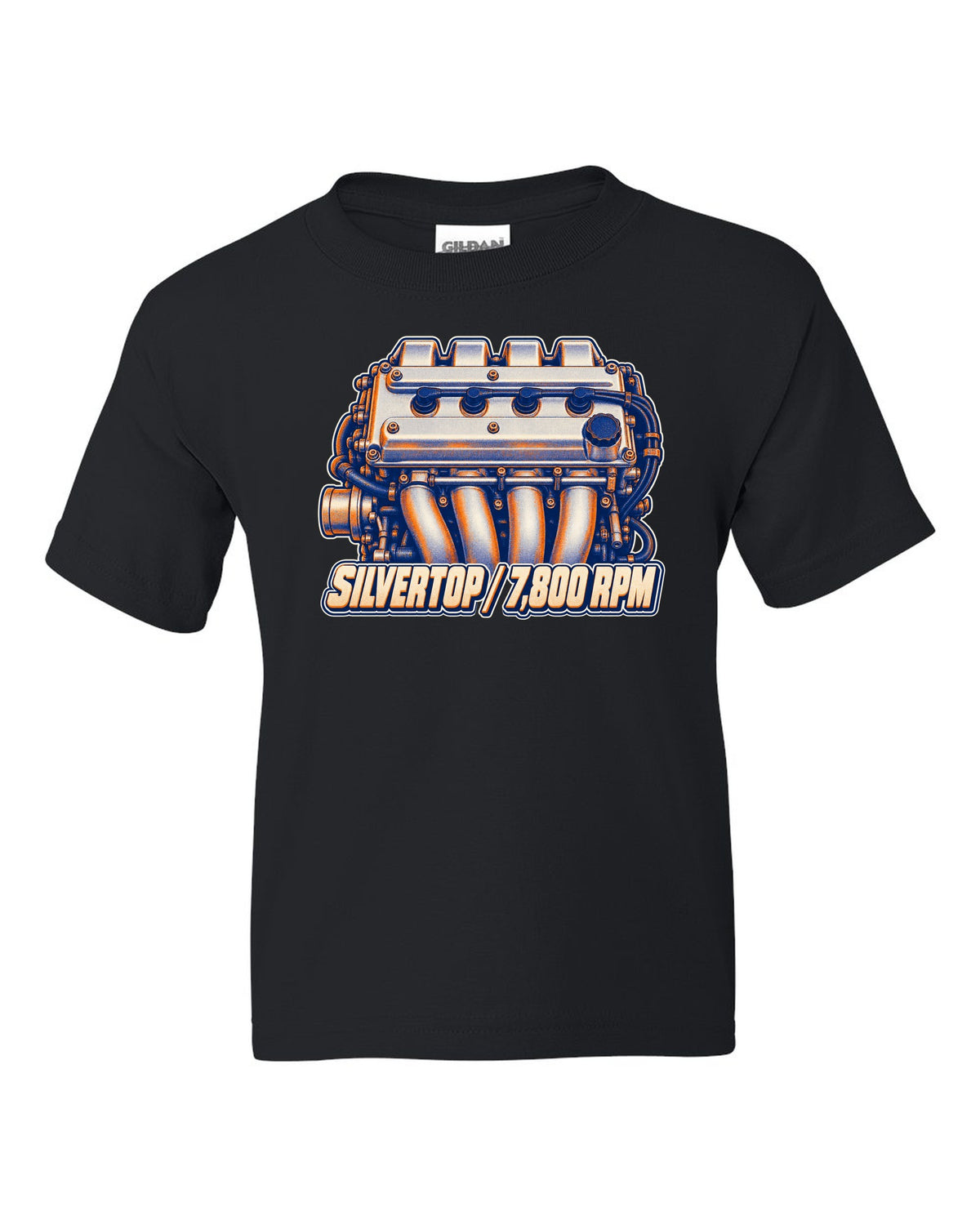 Two-colour risograph macro of the silvertop engine in the Toyota Corolla AE101 black kids tee front view with the design