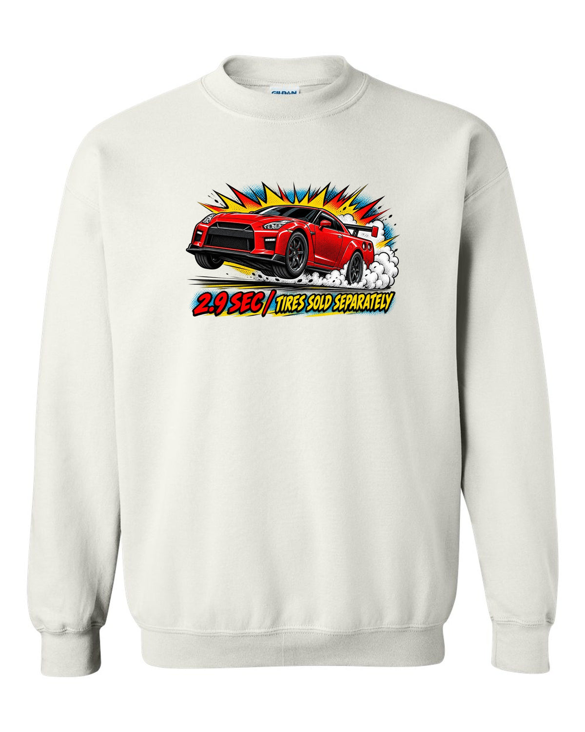 Comic halftone pop-art print of a Nissan GT-R R35 launching with 2.9 sec text white crewneck front view with the design
