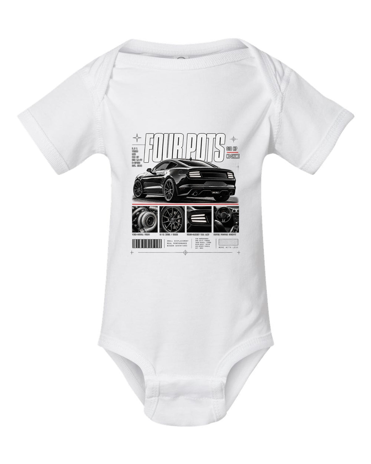 Dossier panel print of a 2015-17 Ford Mustang S550 EcoBoost fastback white baby onesie front view with the design