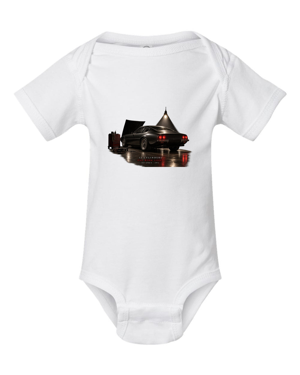 Ferrari 365 GTB/4 Daytona 1971 rear three-quarter garage night print, one work light white baby onesie front view with the design