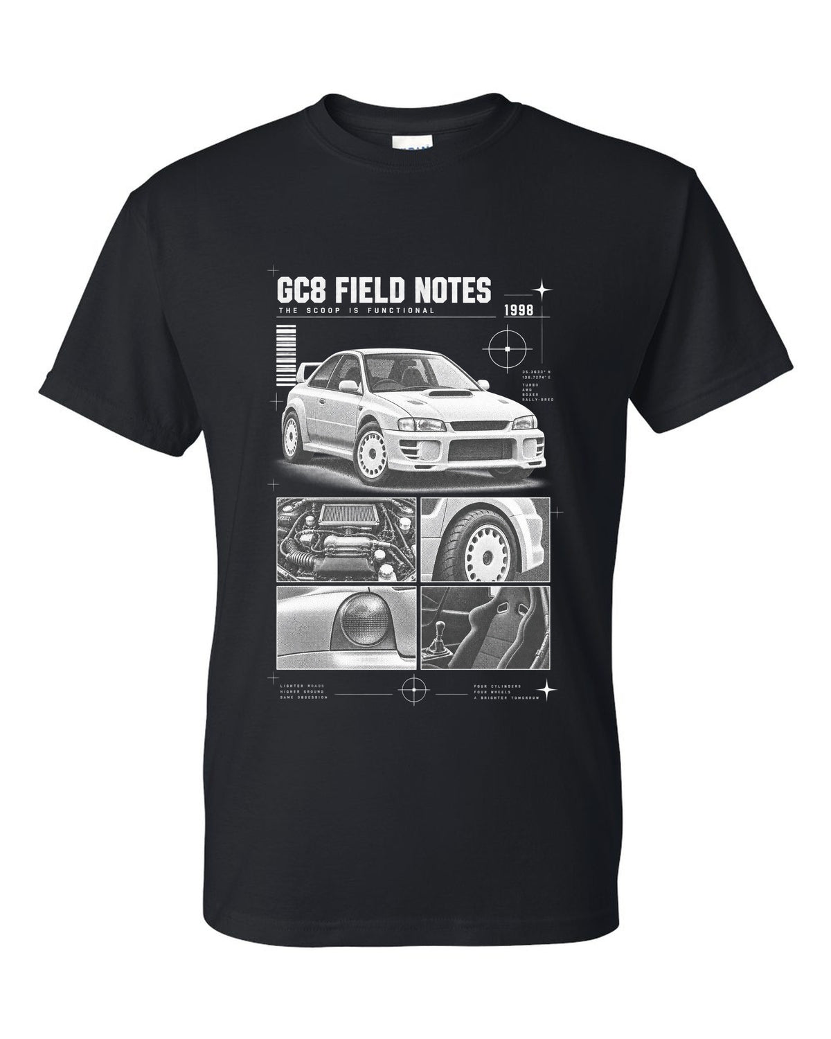 Subaru Impreza WRX GC8 coupe 1998 field notes dossier panels black t-shirt front view with the design
