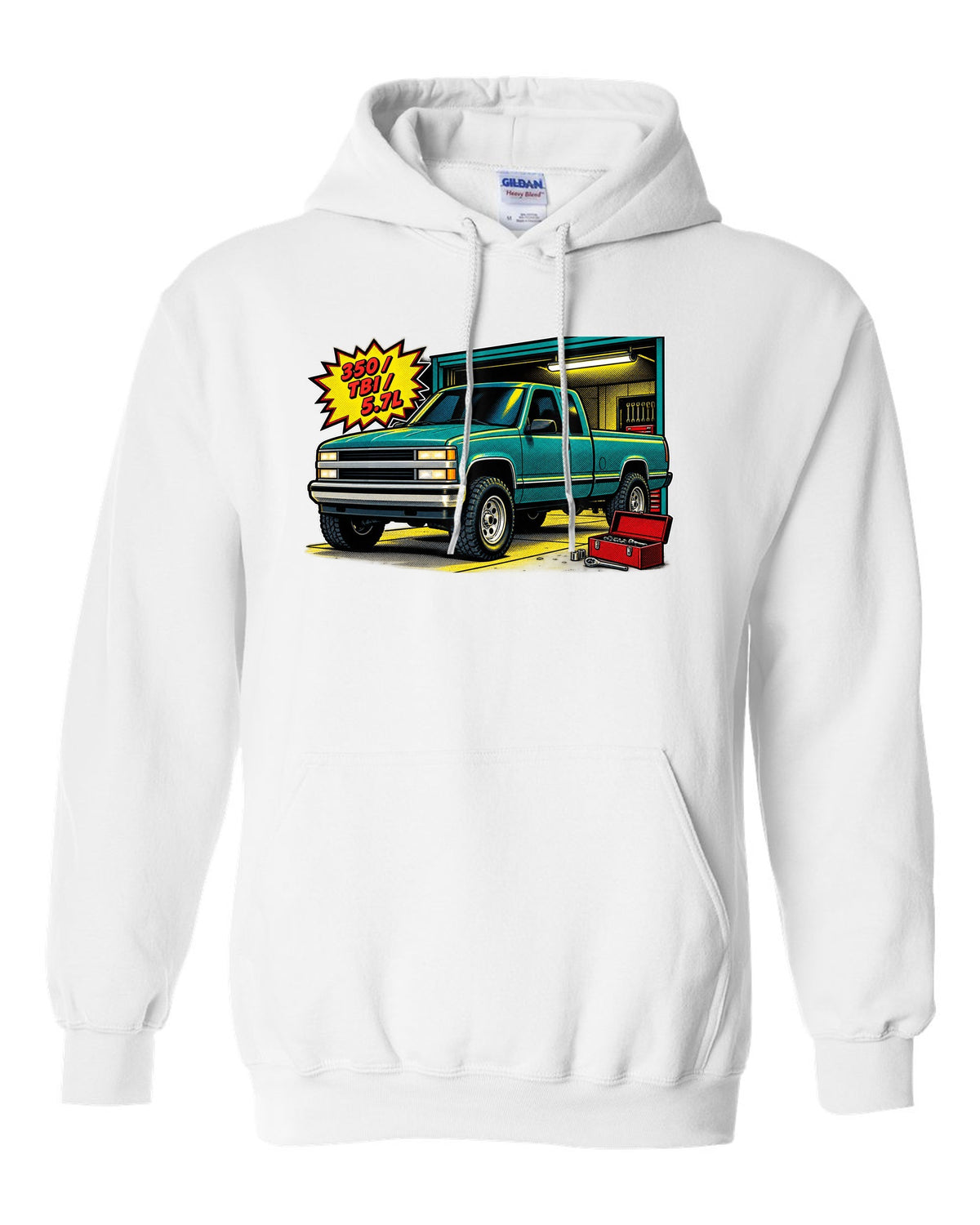 Comic halftone pop-art print of a 1988-1998 Chevrolet GMT400 OBS Silverado with 350 TBI 5.7L text white pull over hoodie front view with the design