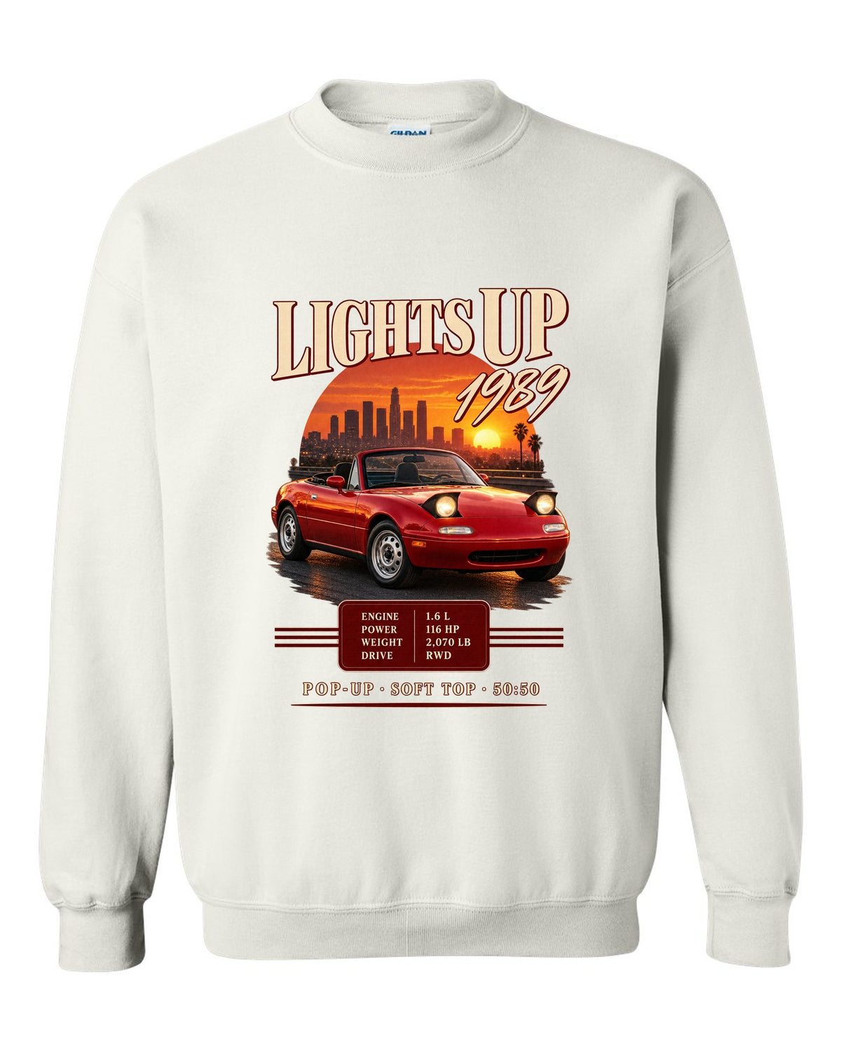 Archive panel print for the 1989 Mazda MX-5 NA with 116 HP, 2,070 lb and pop-up headlight specs white crewneck front view with the design