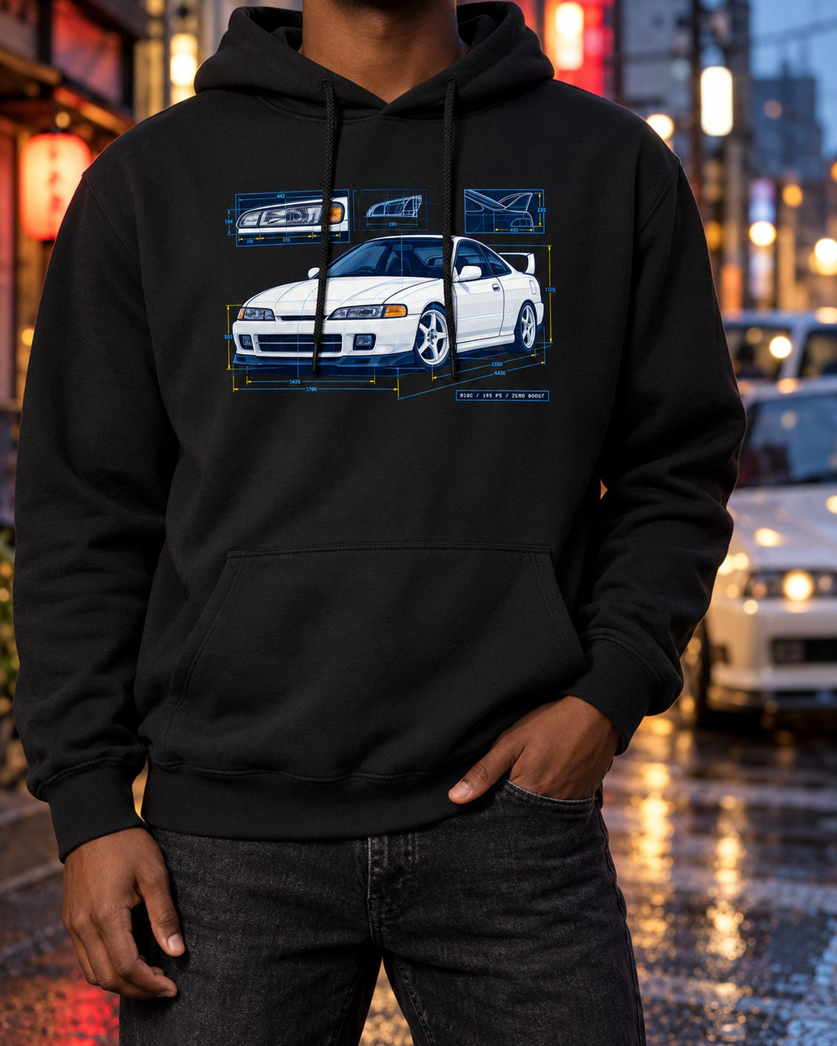 Honda Integra DC2 Headlight Blueprint Shirt, B18C Print Pull Over Hoodie Black worn hero