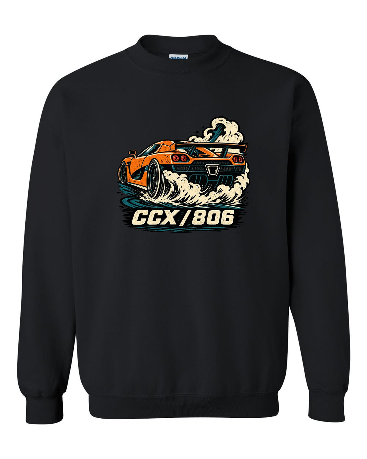 Linocut style illustration of a Koenigsegg CCX doing a burnout with CCX 806 lettering black crewneck front view with the design