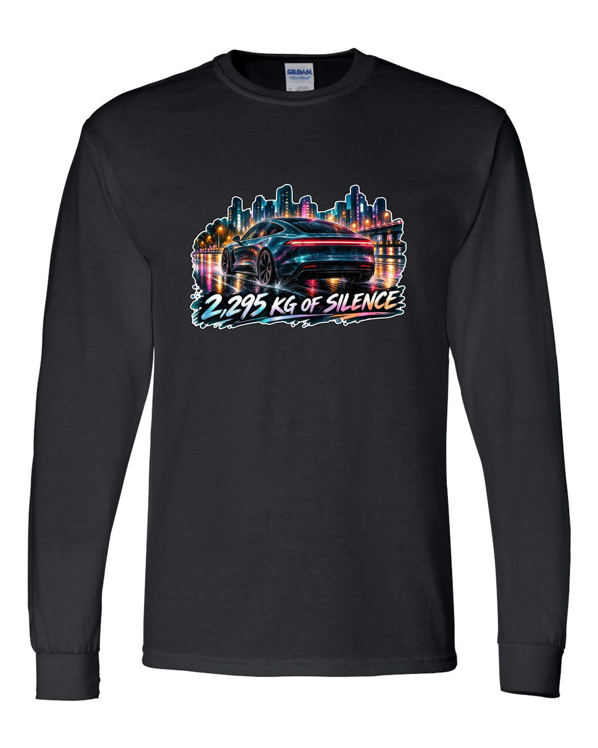 Porsche Taycan Turbo S 9J1 watercolor wet road night print with the text 2,295 kg of silence black long sleeve front view with the design