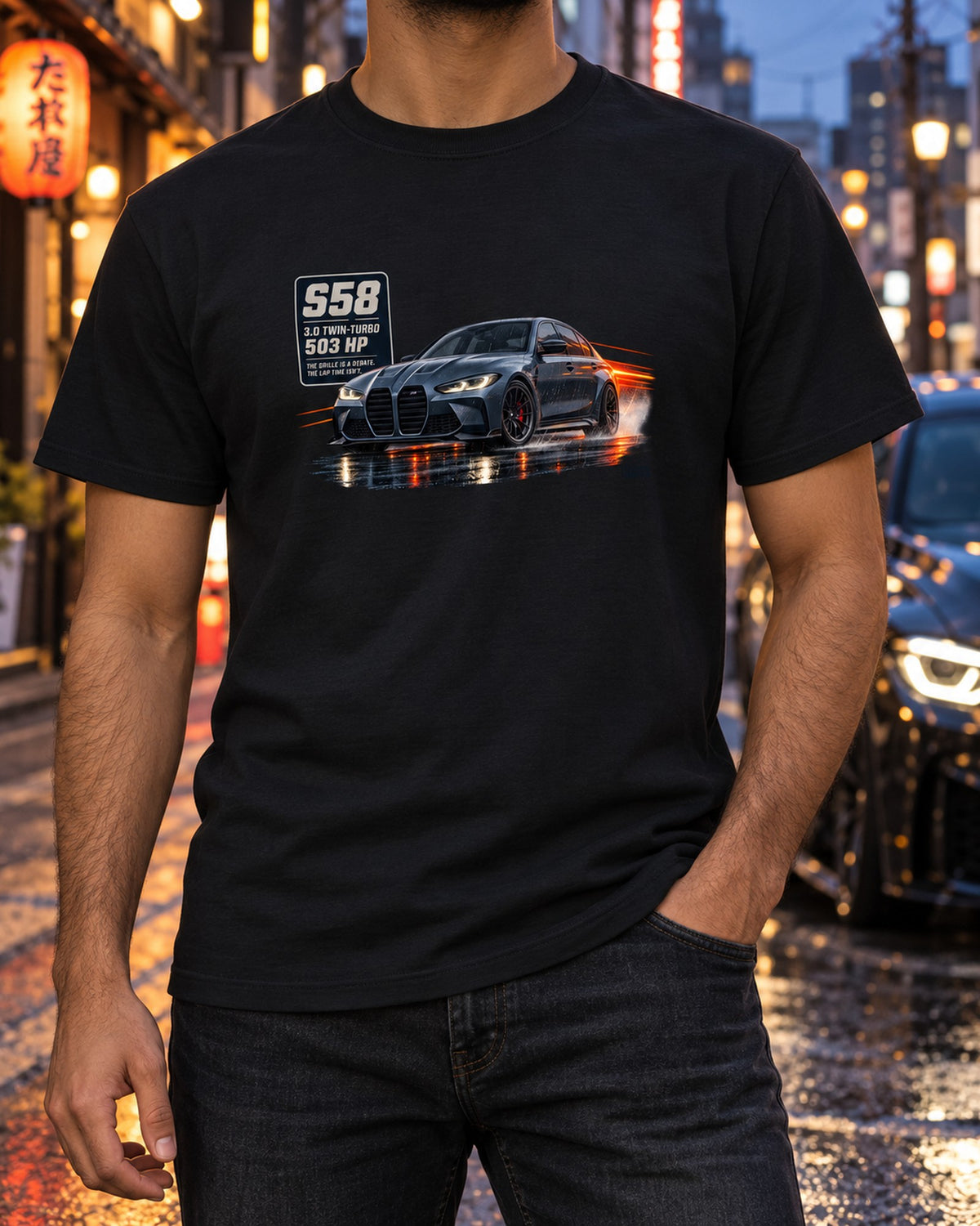 BMW M3 Competition G80 Touge Night Print, S58 Car Shirt T-Shirt Black worn hero