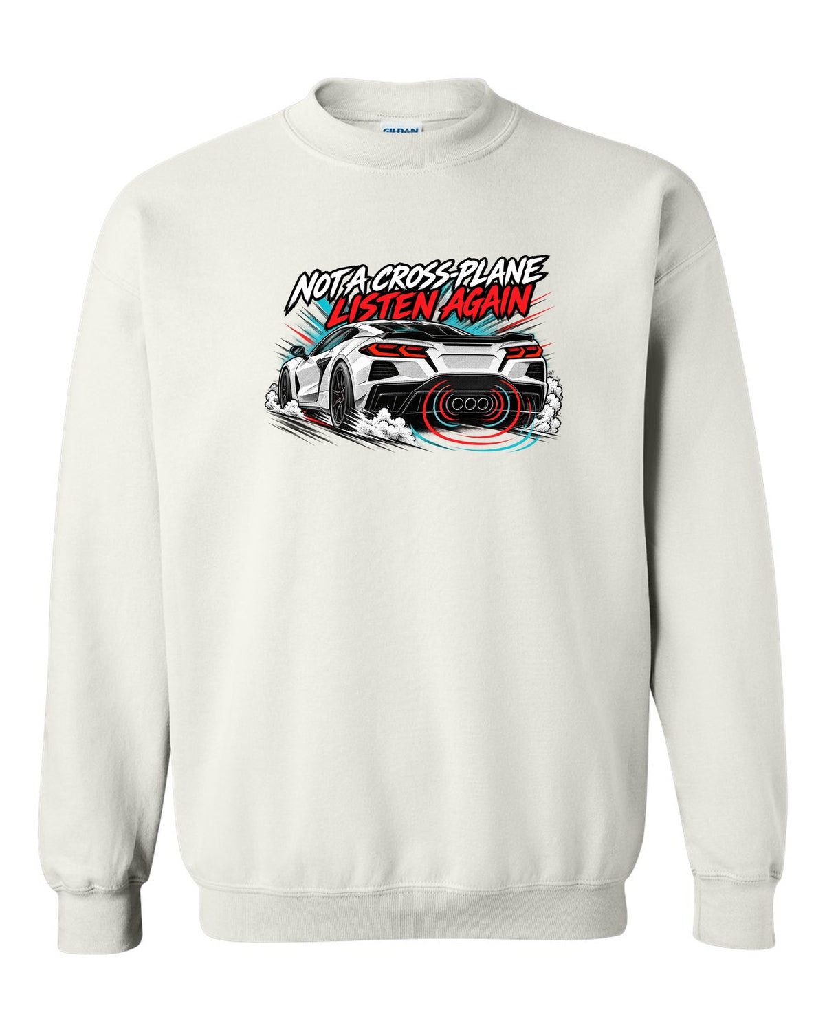 Badge crest design of a 2025 C8 Corvette ZR1 with large fender vents and rear wing white crewneck front view with the design