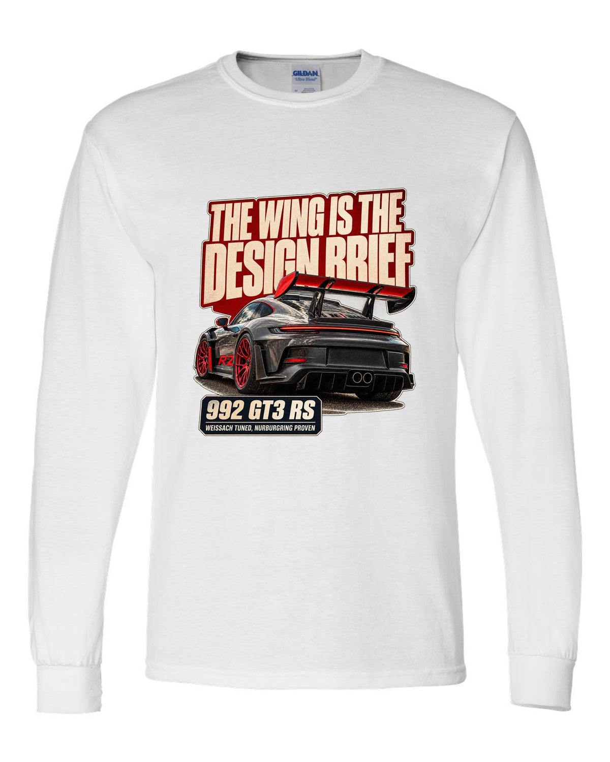 Porsche 992 GT3 RS editorial headline print design white long sleeve front view with the design