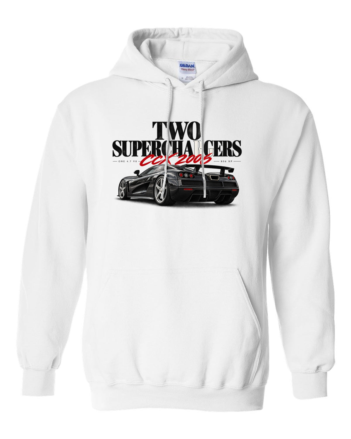 Koenigsegg CCX 2006 editorial headline with two superchargers white pull over hoodie front view with the design