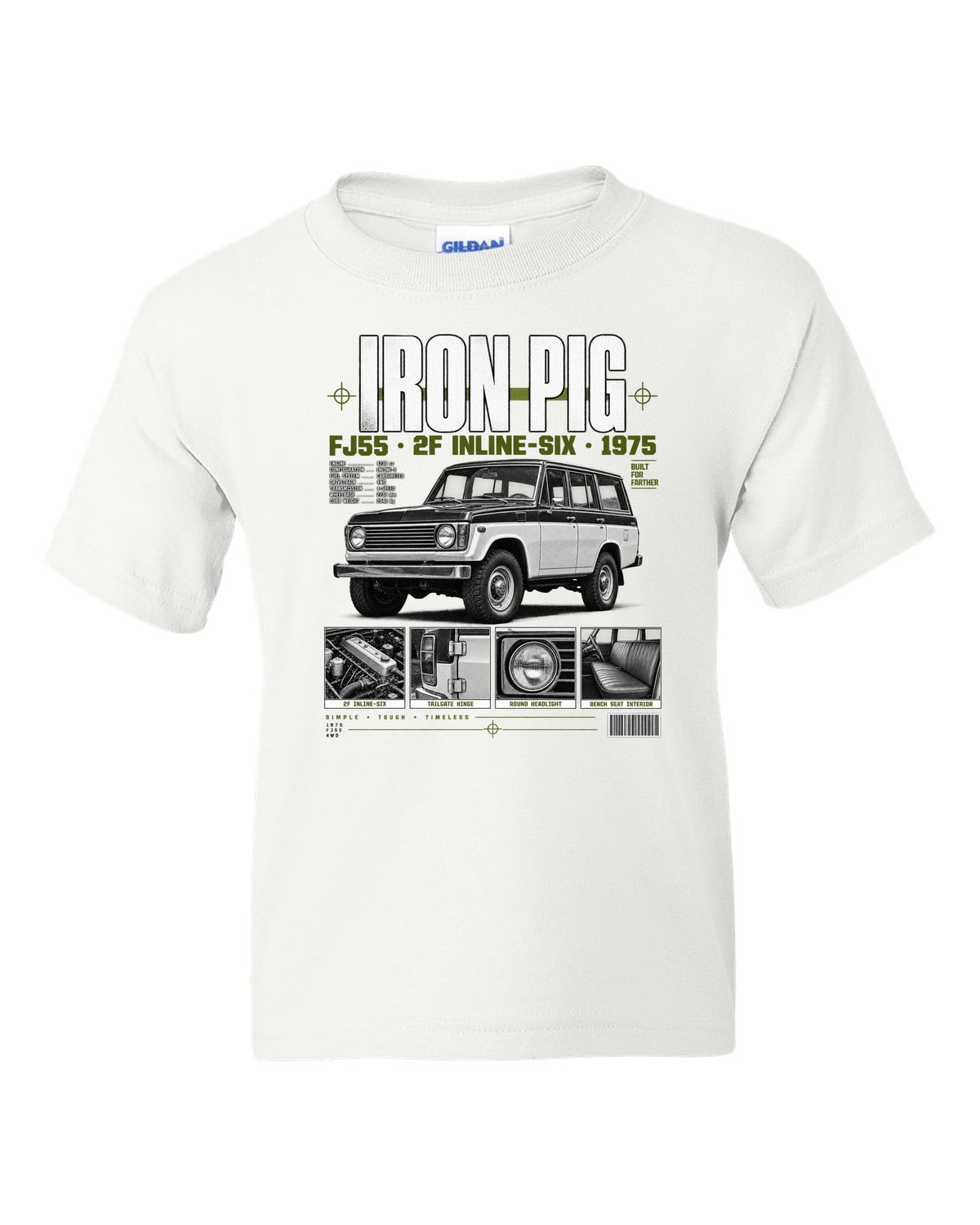 Dossier panel print of a Toyota Land Cruiser FJ55 wagon with Iron Pig and 2F text white kids tee front view with the design