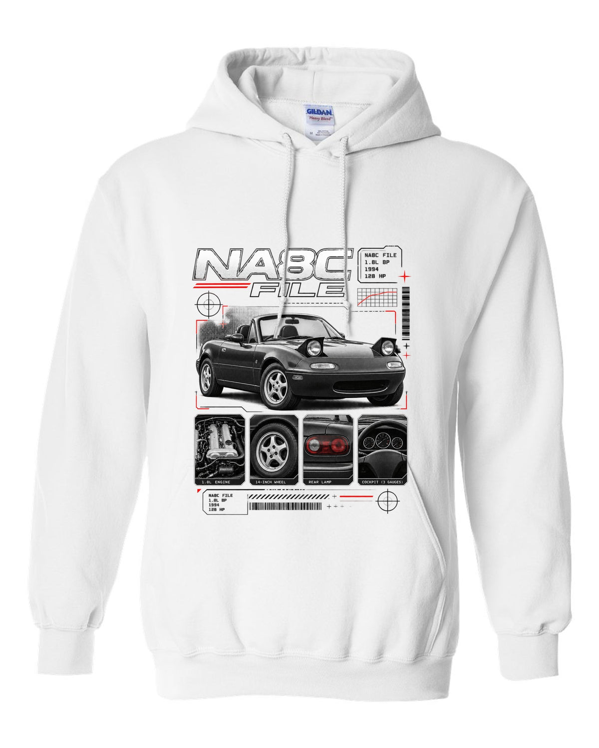 Dossier panel print of a Mazda MX-5 NA Eunos Roadster with NA8C spec lettering white pull over hoodie front view with the design