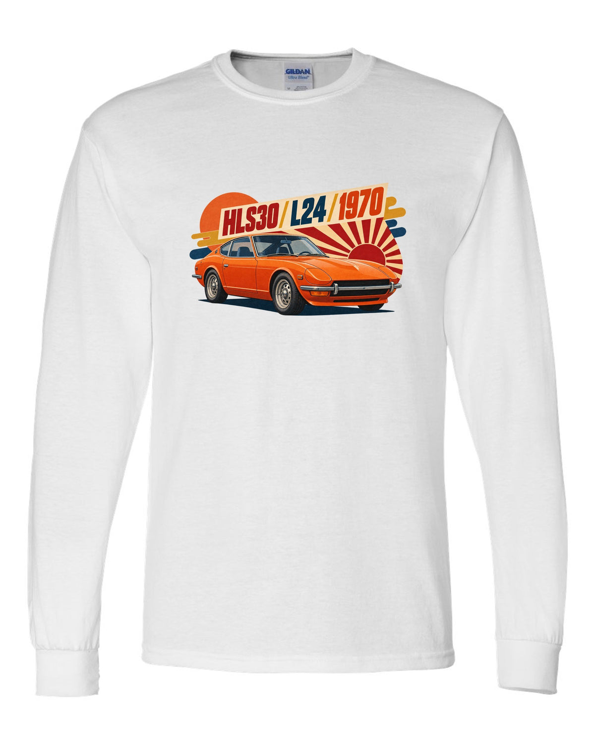Retro Japanese showa catalogue ad of a 1970 Datsun 240Z HLS30 with L24 lettering white long sleeve front view with the design