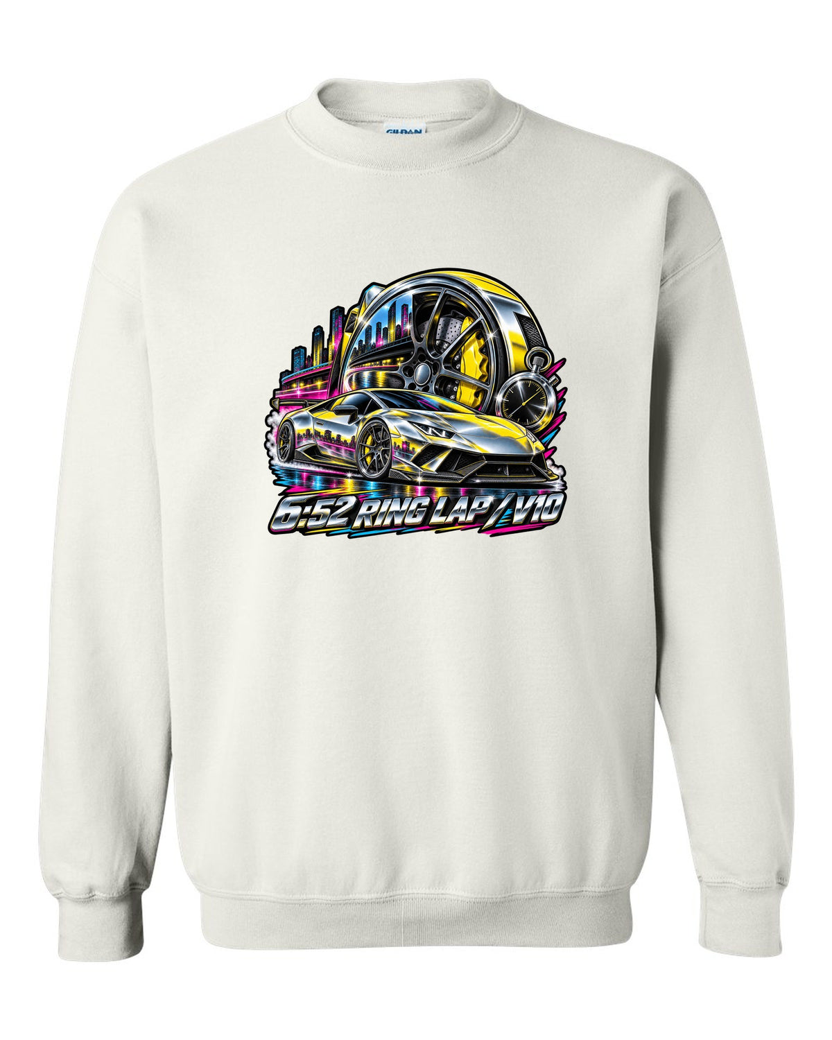 80s airbrush chrome Lamborghini Huracan Performante LP640-4 wheel and caliper with text 6:52 RING LAP / V10 white crewneck front view with the design