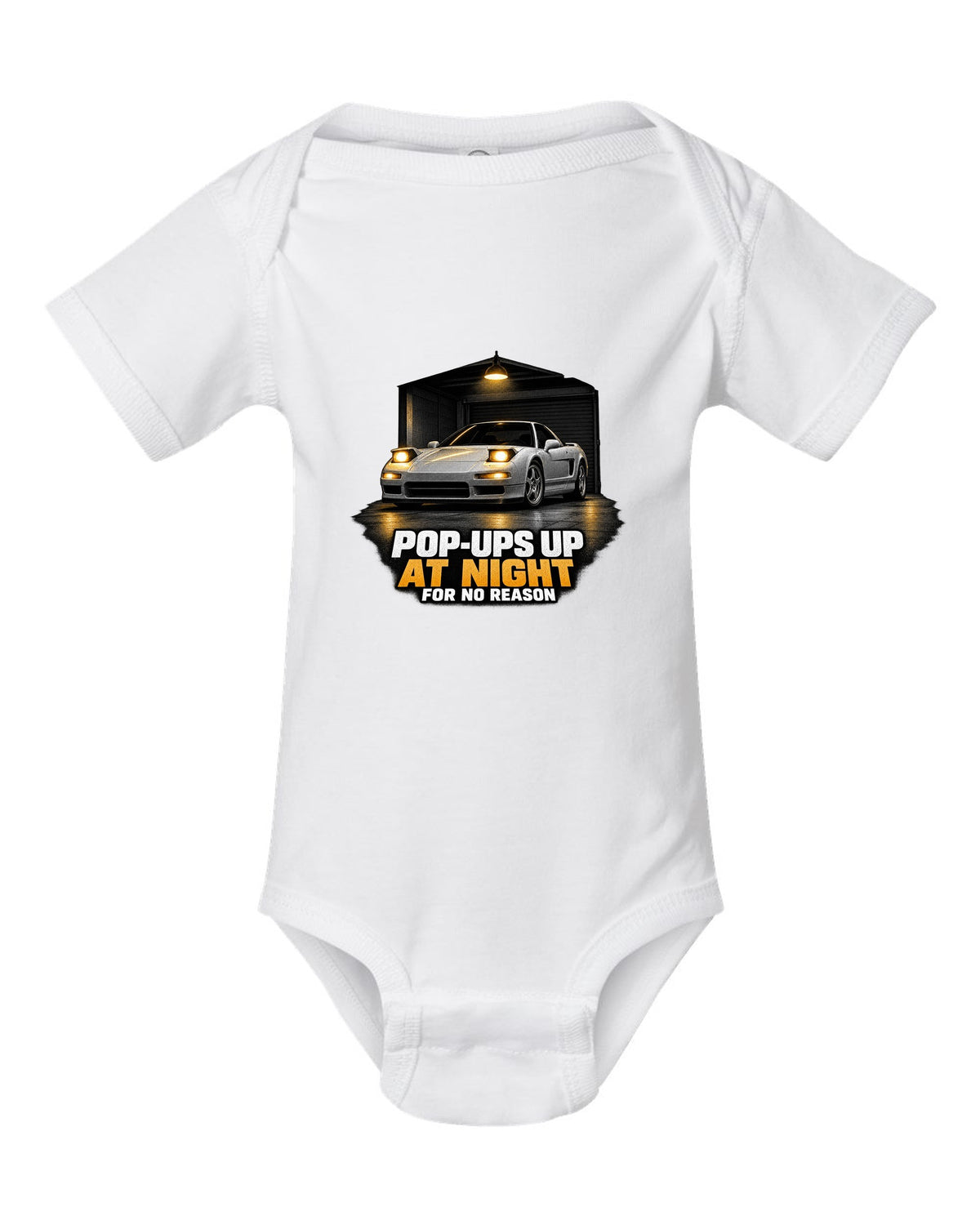 Honda NSX NA1 garage night design with pop-ups up at night for no reason text white baby onesie front view with the design