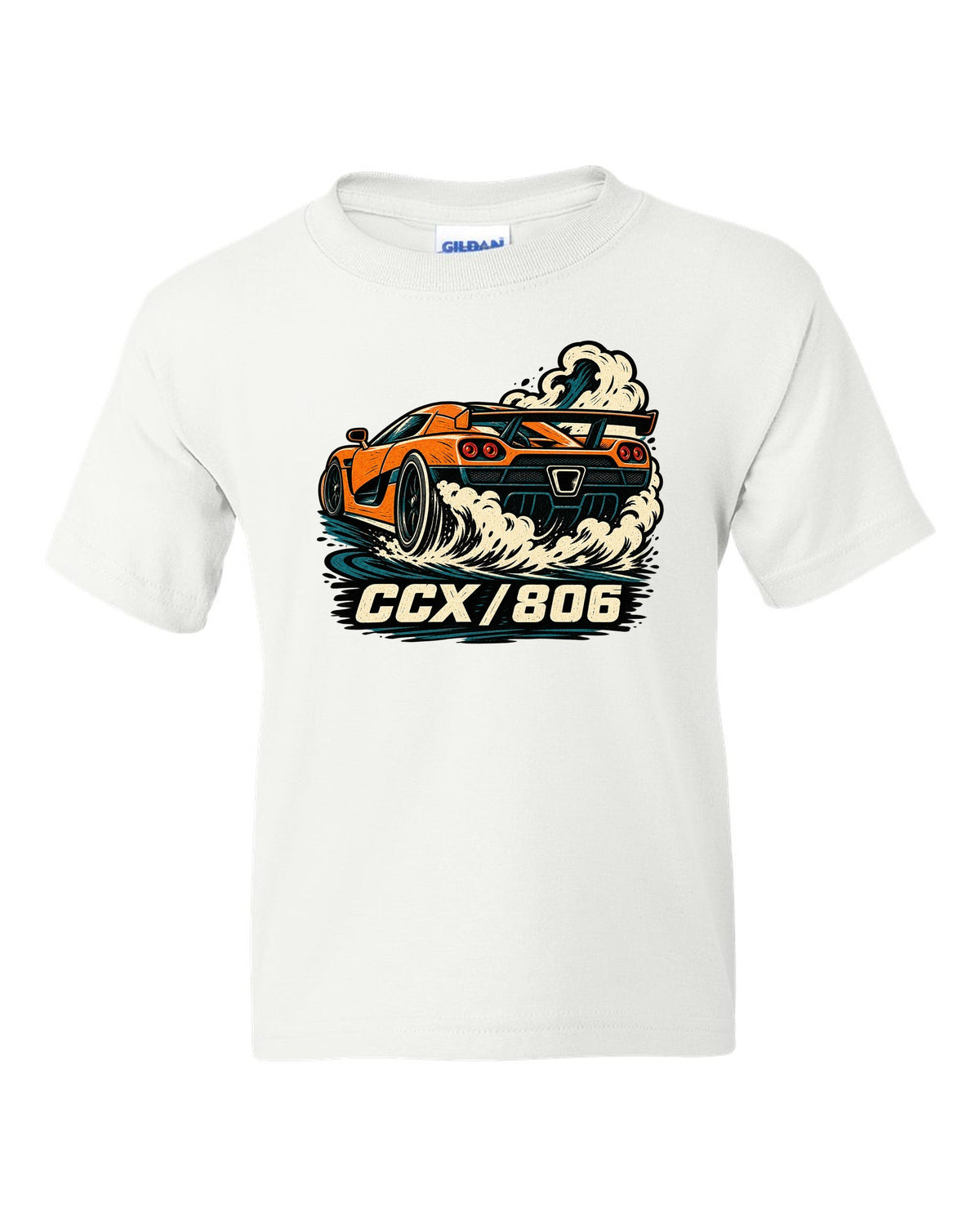 Linocut style illustration of a Koenigsegg CCX doing a burnout with CCX 806 lettering white kids tee front view with the design