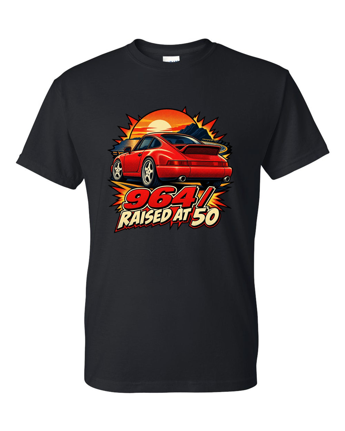 Comic dot-ink illustration of a Porsche 911 Carrera 964 with its spoiler raised black t-shirt front view with the design