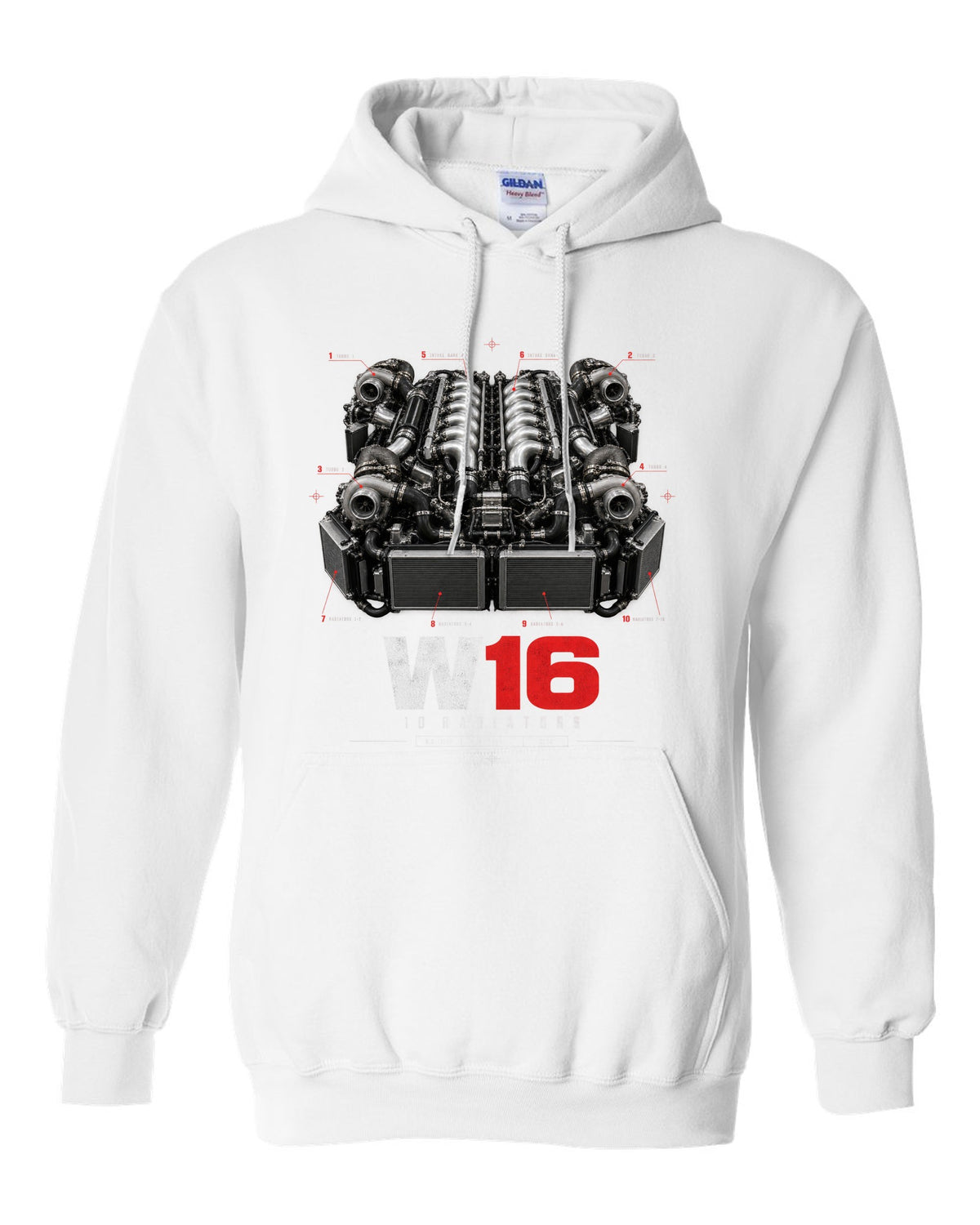 Bugatti Veyron 16.4 W16 engine poster with ten radiators white pull over hoodie front view with the design