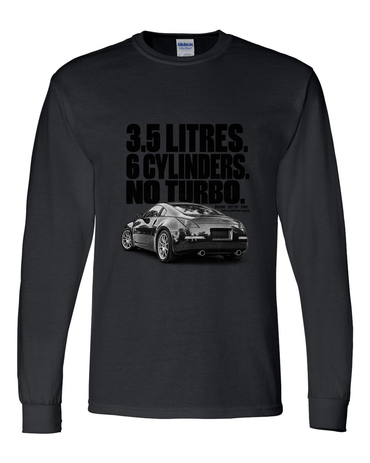 Halftone print of a Nissan 350Z Z33 rear three-quarter with VQ35DE 287 HP text black long sleeve front view with the design