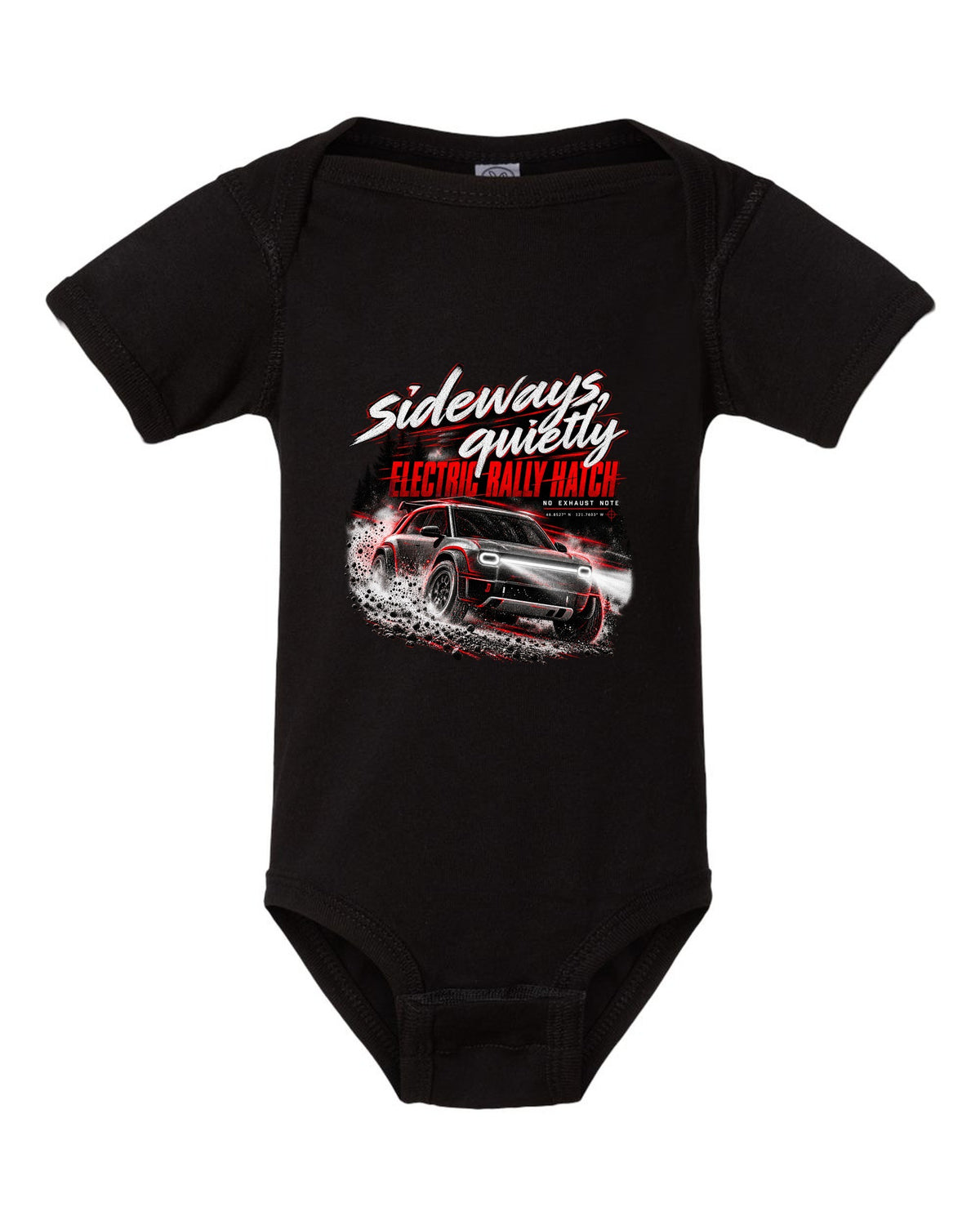 Rivian R3X 2027 sliding on a night touge with the text sideways quietly, electric rally ch black baby onesie front view with the design