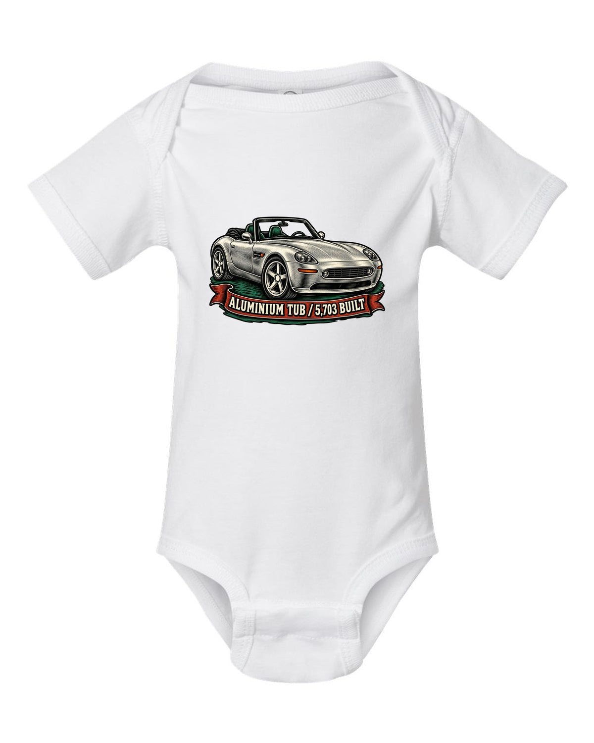Woodcut linocut-style print of a BMW Z8 E52 roadster with 5,703 built text white baby onesie front view with the design