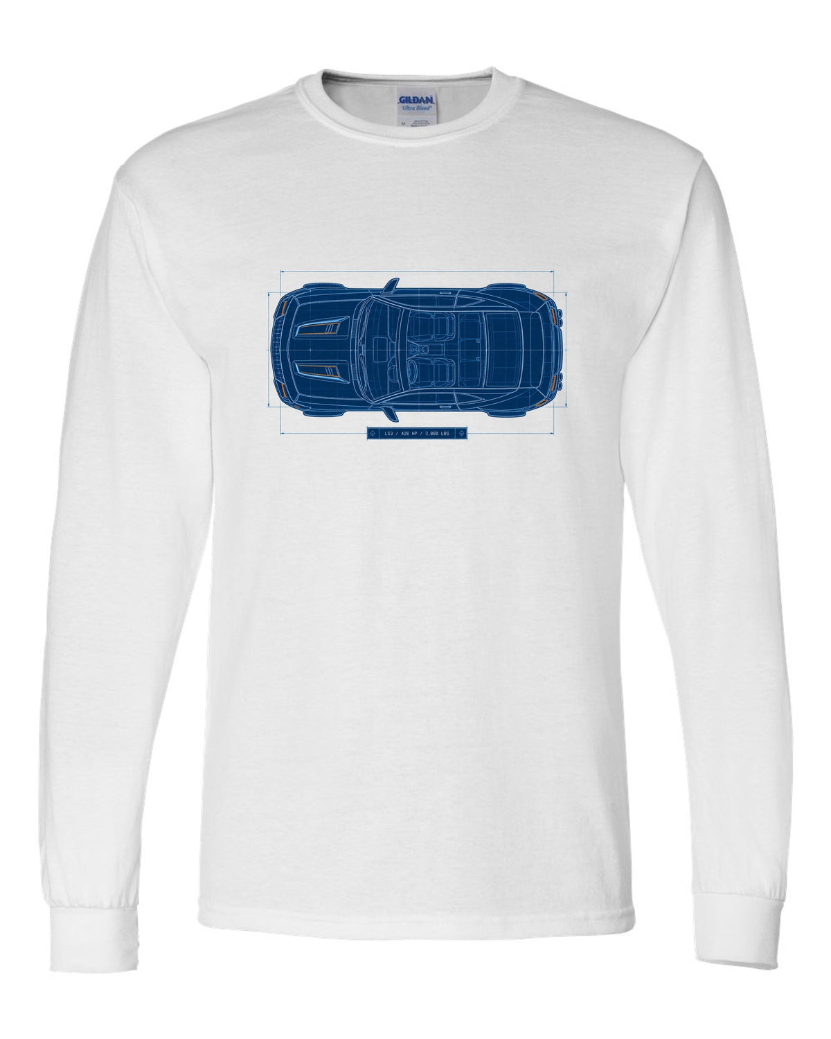 2010 Camaro SS fifth-generation top view blueprint line art with LS3 426 HP 3,860 lbs text white long sleeve front view with the design