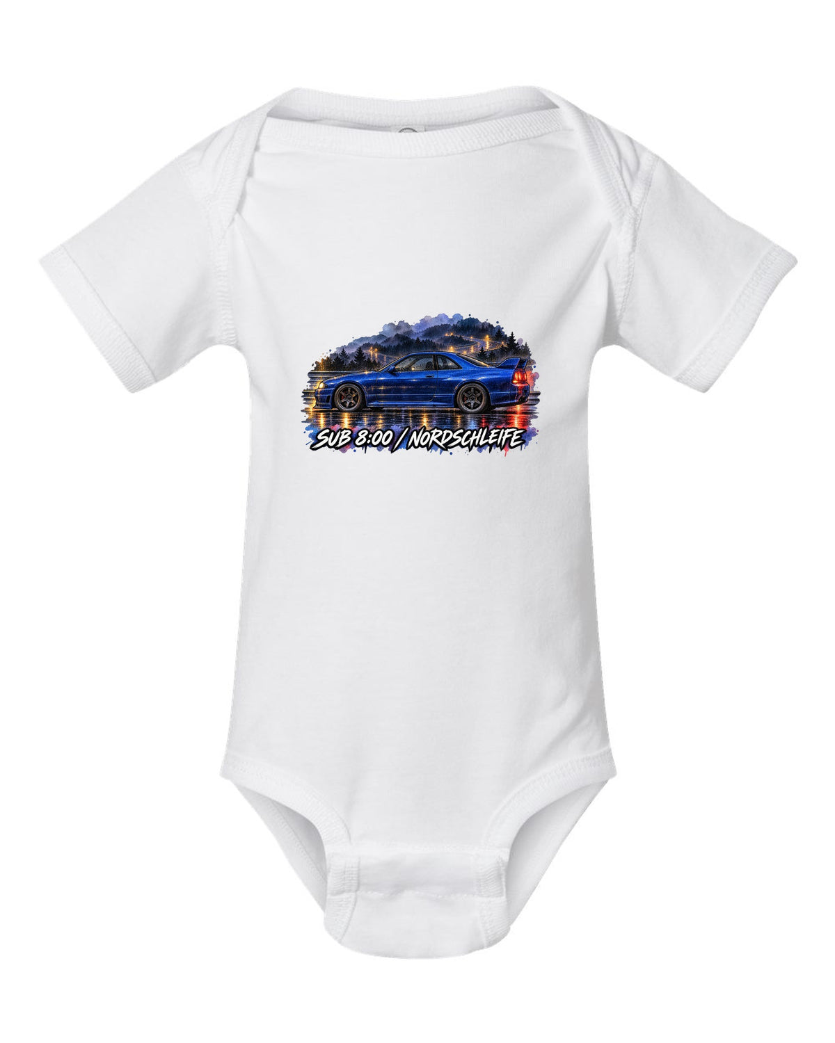 Watercolour wet-road night print of a Champion Blue Nissan Skyline GT-R R33 BCNR33 white baby onesie front view with the design